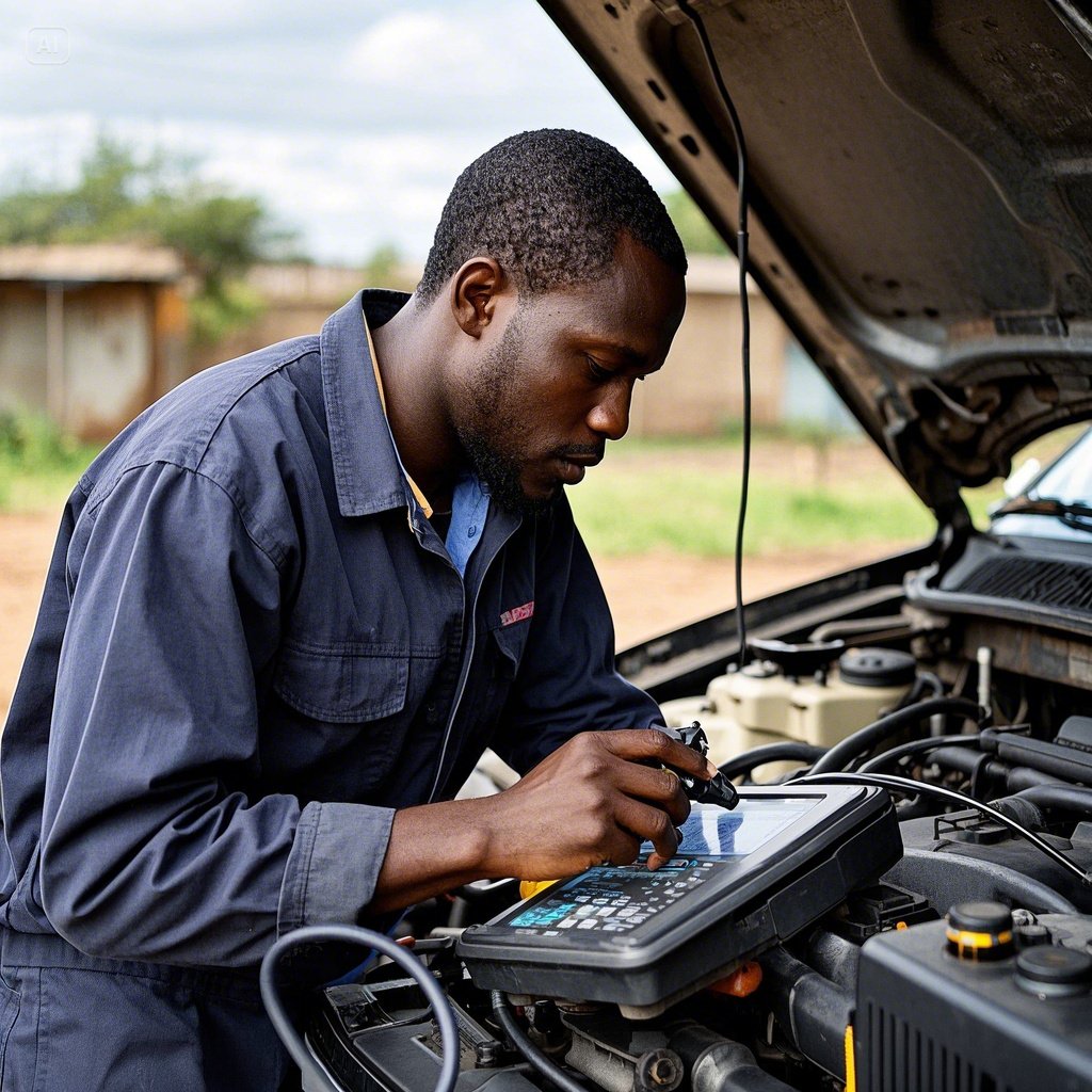 Kenyan-diagnosing-car-engine-using-a-modern-diagnosis-tool-_-machine-3 Shifting Gears: Why Basic Auto Electrics & Diagnostics are Non-Negotiable Skills for the Modern Driver